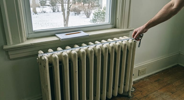 An inch-marked tape measure stretched across the top of a painted cast iron radiator under a window, with a notepad on the sill and snow outside.