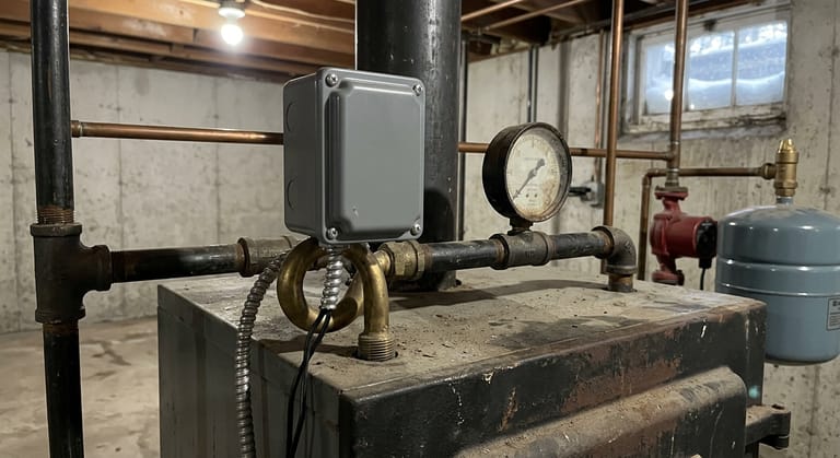 Grey pressure limit control on a curled brass pigtail on top of a steam boiler, next to a round low-pressure gauge with its needle resting near the bottom of the dial.