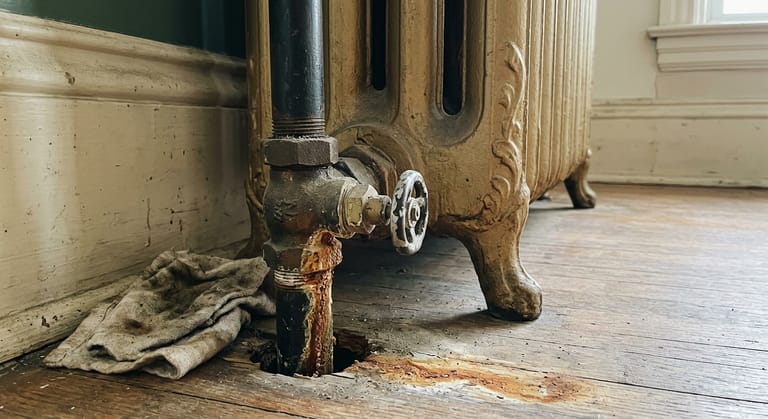 Angle supply valve at the foot of a one-pipe steam radiator, its packing nut marked by a dried drip trail, where the pipe comes up through the floorboards.