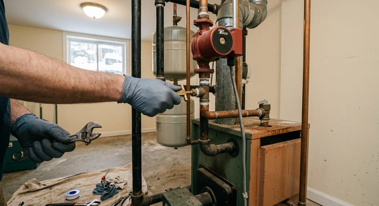 A wet trace running from the packing nut of a brass radiator valve down to the union nut, with a stained rag on the floor beneath.