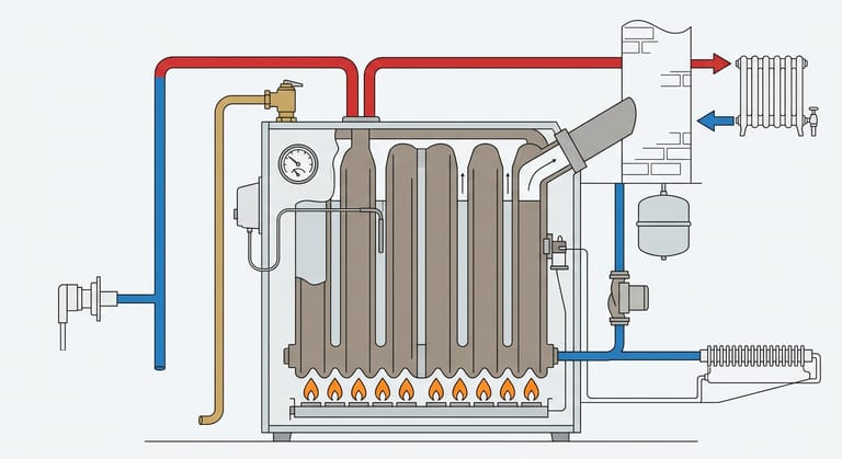 Cutaway schematic of a cast iron hot water boiler: burner flames below, water between the sections, flue passages to the chimney, a red supply pipe out and a blue return pipe back, with the relief valve, gauge, expansion tank and circulator on the outside