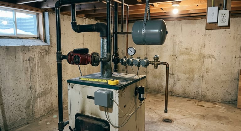 Basement wall with a cast iron boiler, a red circulator pump on flanges, a steel expansion tank hung from the joists, a brass relief valve with a copper discharge pipe to the floor, a control housing on the jacket, a two-needle gauge and three zone valves on the supply header