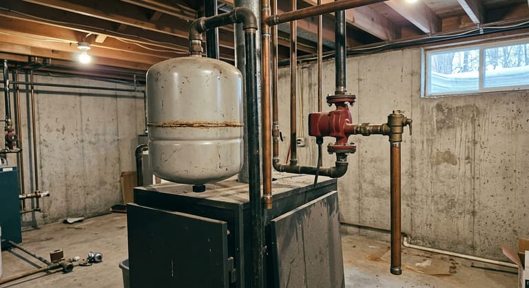 Painted steel expansion tank hanging from the copper piping above a cast iron boiler, next to a red circulator pump on flanges