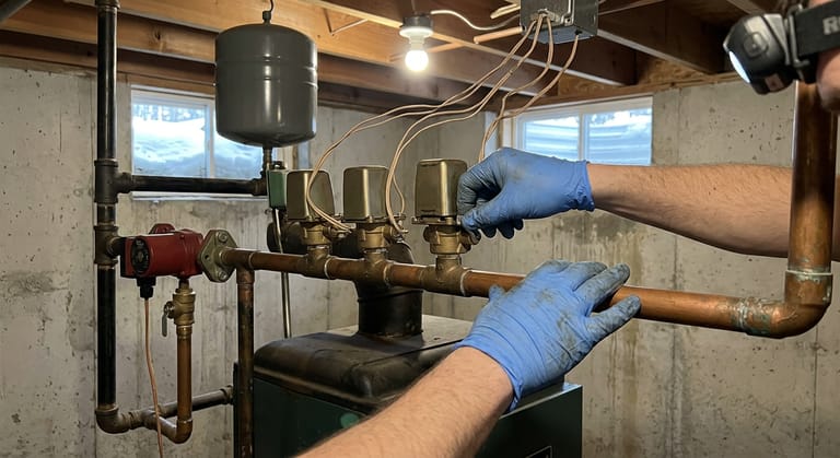 Gloved thumb holding the manual opener lever on a zone valve head while the other gloved hand rests on the copper pipe downstream to feel for heat